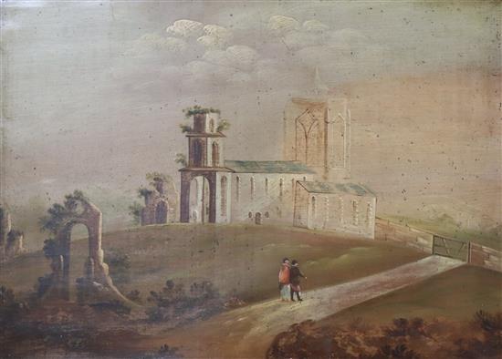 Early 19th century English School, oil on board, Figures passing a ruined church 27 x 38cm